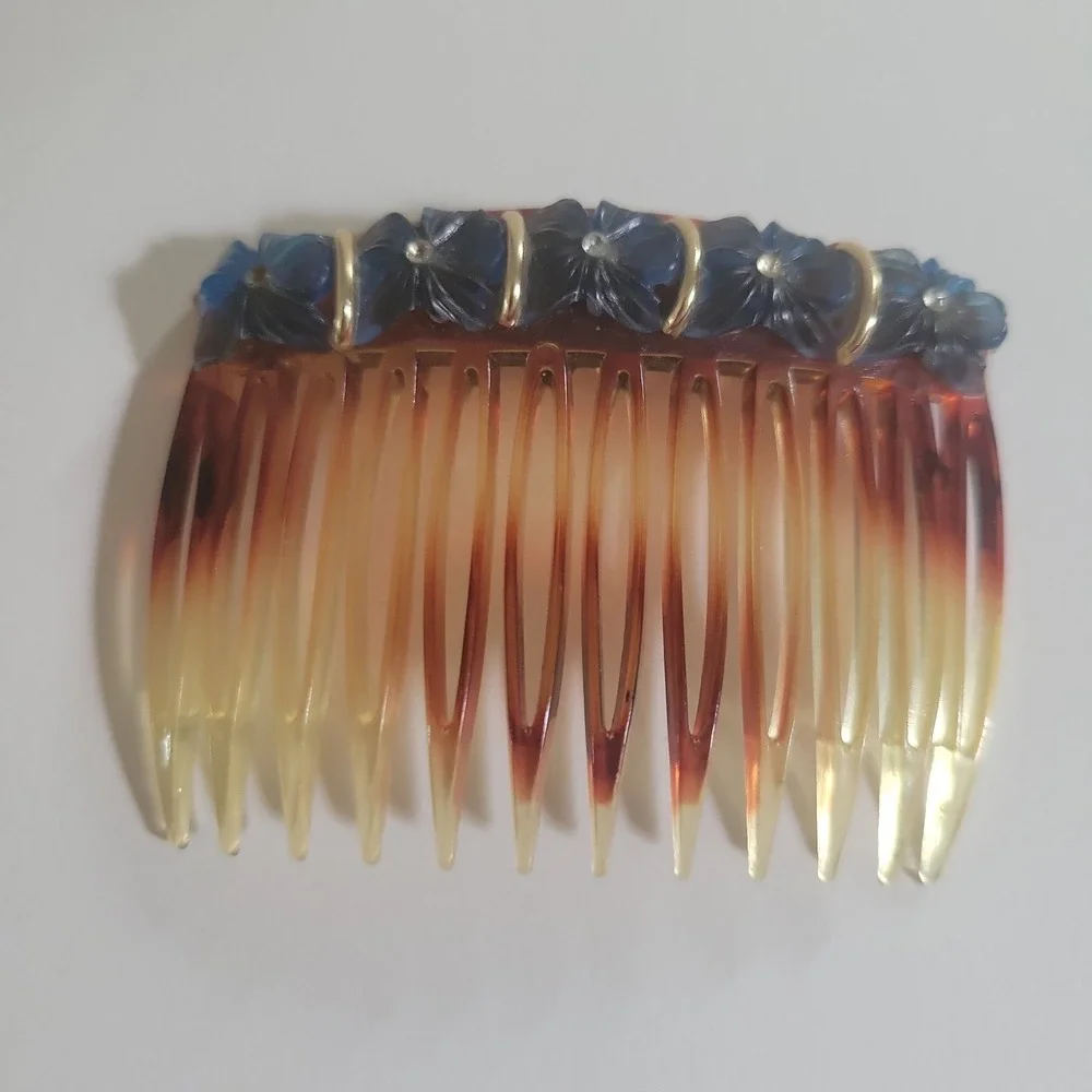 Vintage Italy Tortoise Resin Hair Comb Blue Floral Accents‎ One Size Cottagecore